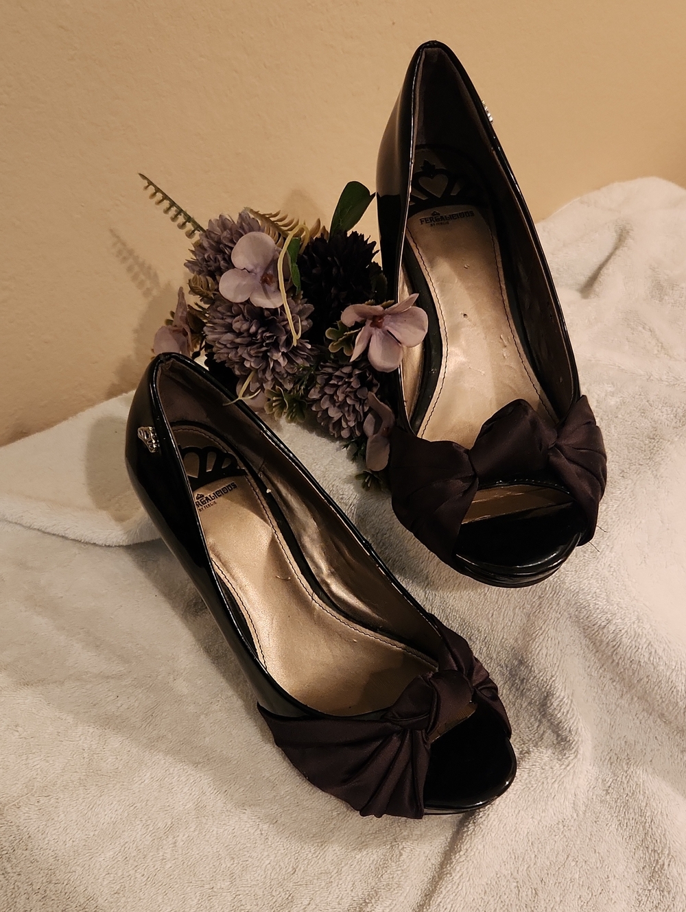 Fergalicious Black Patent Peep-Toe Pumps with Bow